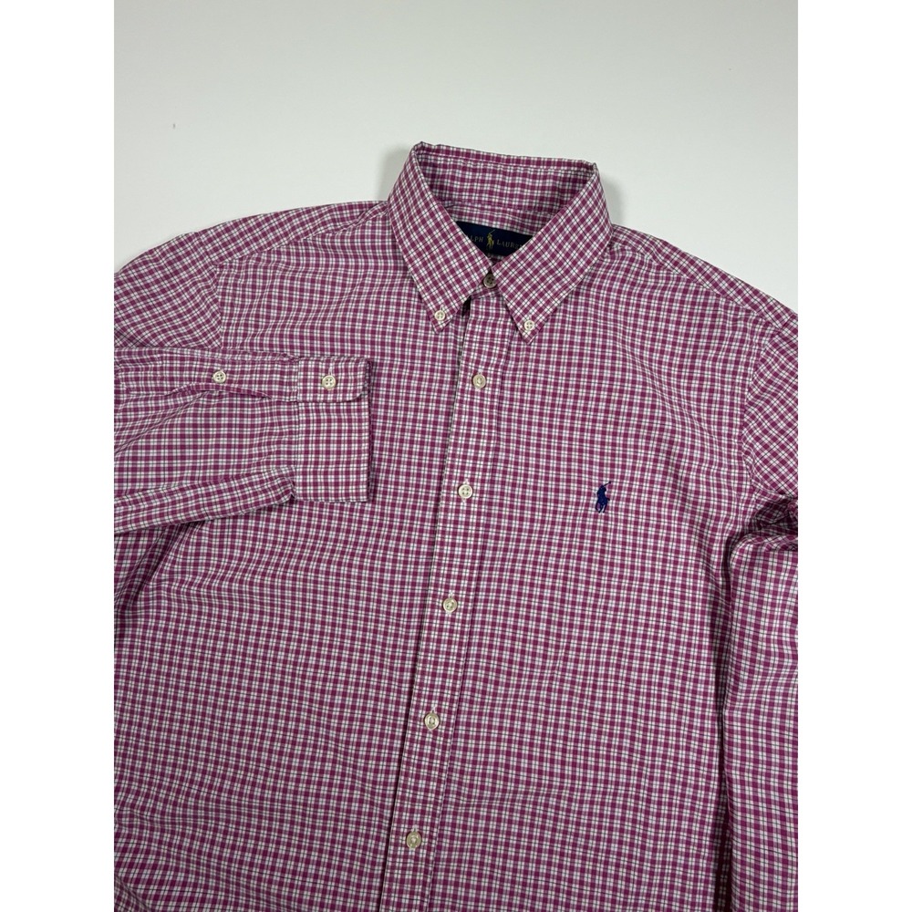 Ralph Lauren Shirt Mens Large Pink White Check Tattersall Button Down Long